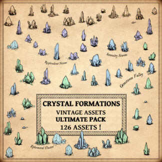 crystals and crystal formations and gemstones, wonderdraft assets, vintage fantasy cartography