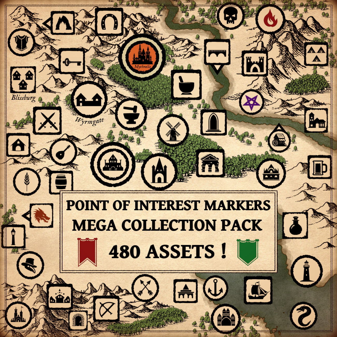wonderdraft assets, fantasy map symbols, point of interest markers, cartography assets