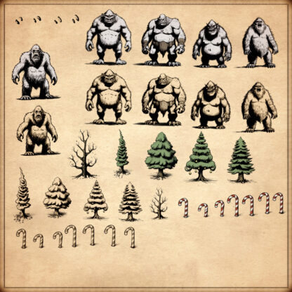 fantasy map symbols for wonderdraft, yetis, frost ogres, winter world trees, footprints, candy canes