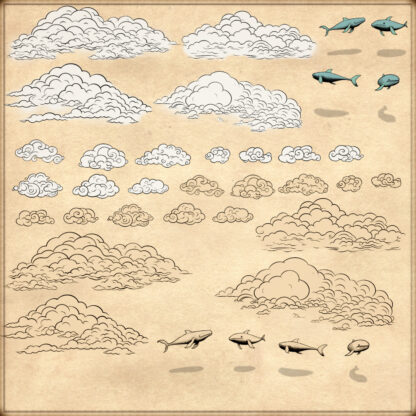 stylized japanese clouds, curly clouds assets, wonderdraft symbols and assets, flying whales, fantasy map assets