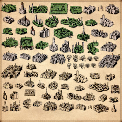 fantasy map elements, hedge mazes and town labyrinths for fantasy map, wonderdraft assets, for Photoshop