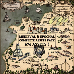fantasy map icons, cartography assets. Medieval towns, epochal towns, villages, hamlets, cities, crops, ships, windmills.