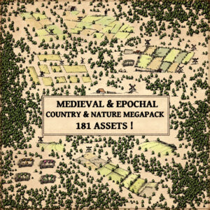 Epochal map assets and medieval fantasy map symbols and map elements. farms, farm fields, crops, trees.