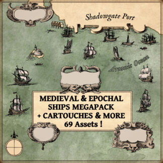 seafaring map assets, ships, ports, docks, cartouches and text boxes. Vintage cartography symbols and assets