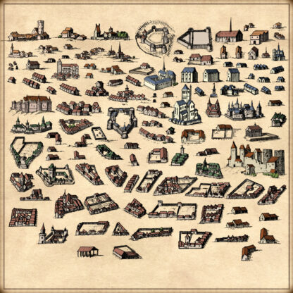 bygone map assets, for Wonderdraft, gimp, or photoshop. medieval towns assets, medieval settlements symbols.
