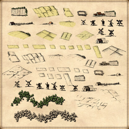 Wonderdraft assets, representing cartography symbols, farm fields, crops, windmills, and bushes and trees, fantasy map resources.