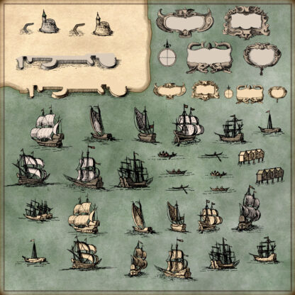 Fantasy map resources and map assets representing, boats, ships, cartouches, text boxes, and ports