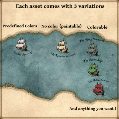 wonderdraft assets representing ships, docked ships, and ships with furled sails, vintage cartography assets.
