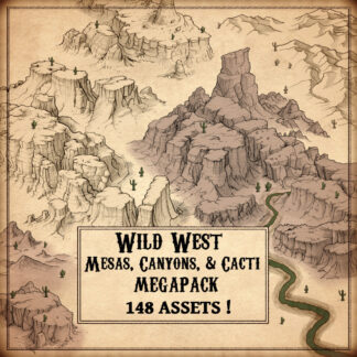 wild west fantasy map assets, old west cartography assets, cacti, canyons, wild west mesas, buttes, plateaus