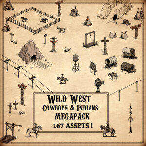 cartography assets, wild west fantasy map symbols, gold mines, gallows, horse corrals, totems and totem poles