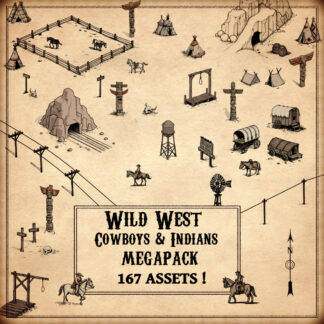 cartography assets, wild west fantasy map symbols, gold mines, gallows, horse corrals, totems and totem poles