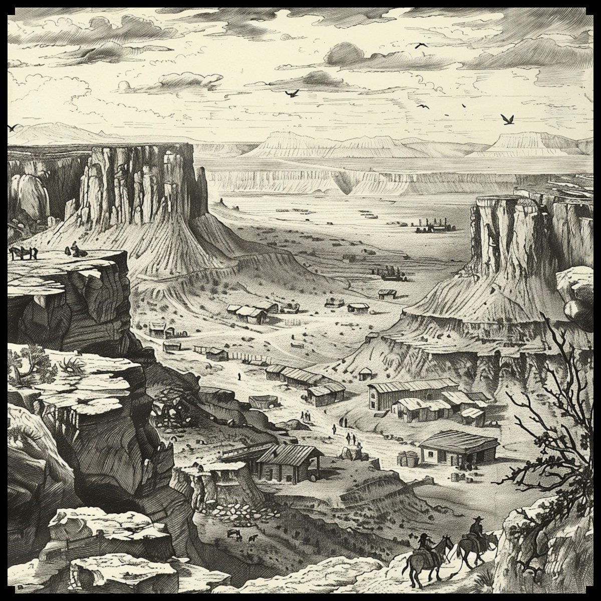 Wonderdraft assets, with etching illustration of wild west and old west, canyons, mesas, wild west towns