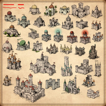vintage cartography assets and vintage cartography symbols, fantasy castles, forts, strongholds, keeps, medieval citadels