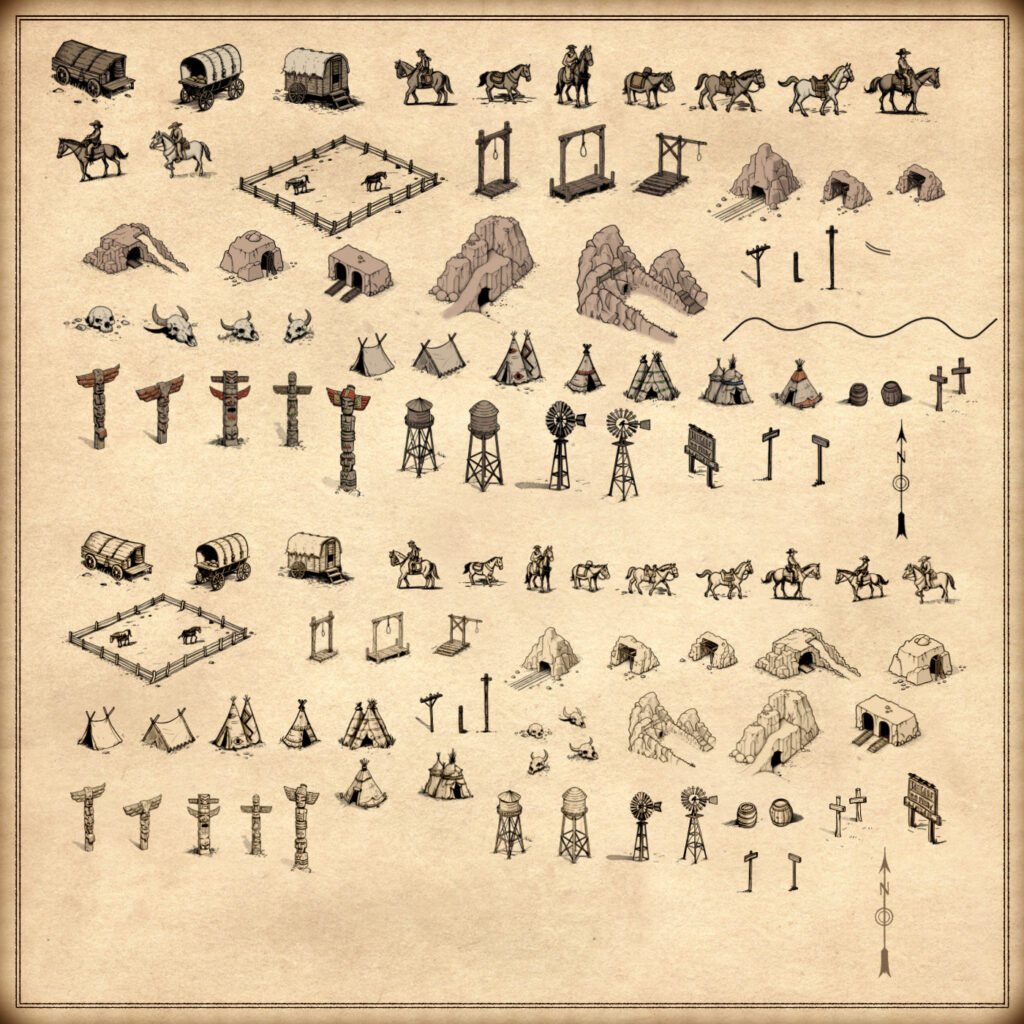 Wild West Vintage Assets - Fantasy Map symbols Complete Pack