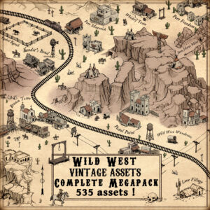 wild west cartography assets, fantasy map symbols, canyons, mesas, old west towns, old west buildings