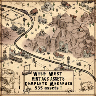 wild west cartography assets, fantasy map symbols, canyons, mesas, old west towns, old west buildings
