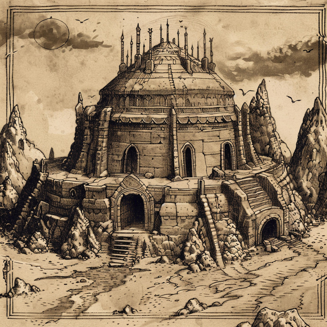 etching illustration of fantasy medieval temple, medieval fantasy assets, fantasy map, shrines, symbols,wonderdraft assets