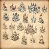 fantasy map elements representing fairy tale castles, wonderdraft symbols and vintage cartography assets, fantasy map resources