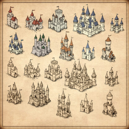 fantasy map elements representing fairy tale castles, wonderdraft symbols and vintage cartography assets, fantasy map resources