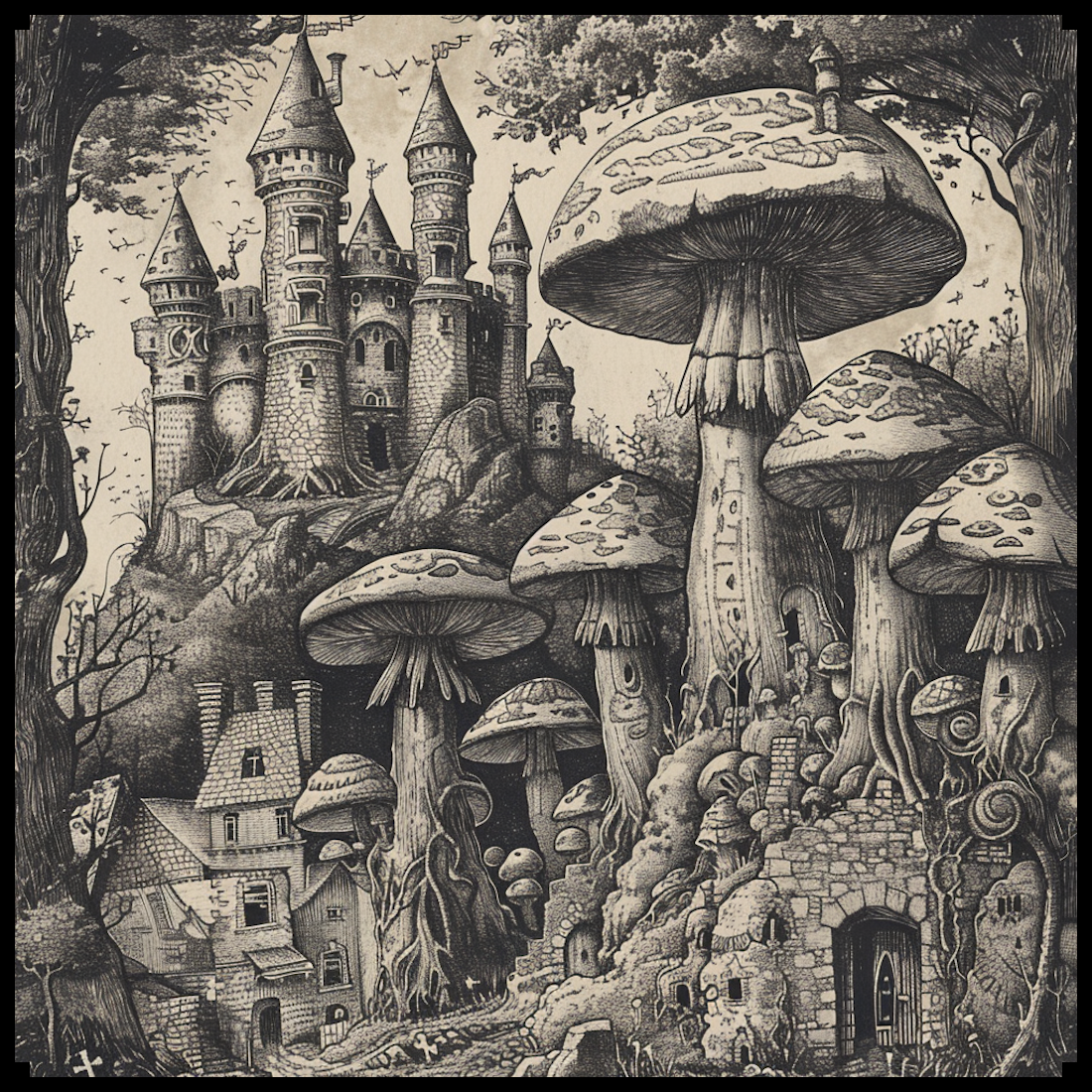 fantasy map assets representing giant mushrooms and fairy tale castle, vintage cartography assets