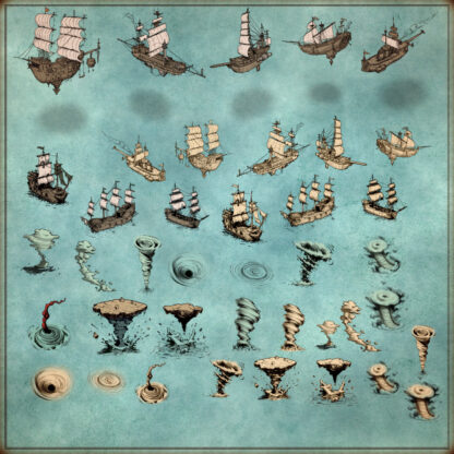 whirlpools, flying ships, flying vessels, cartography assets, flying islands, tornadoes, wonderdraft symbols, fantasy map elements