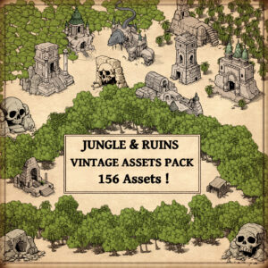 vintage fantasy map assets, wonderdraft assets and map resources, jungle trees, jungle ruins, jungle temples