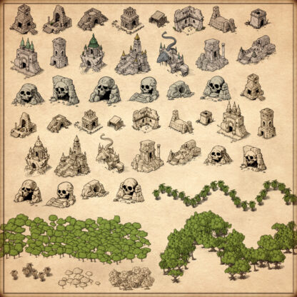 cartography assets, jungle trees, wonderdraft assets, jungle ruins, skull caves, skull mountains, jungle temples, fantasy map