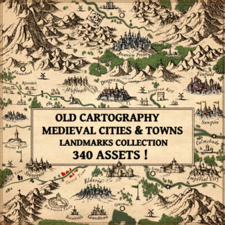 medieval towns, windmills, castles, wonderdraft assets, for gimp, photoshop or Inkarnate, vintage cartography assets