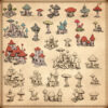 fantasy map symbols representing mushroom houses, mushroom towns, and fairy villages, fairy towns, cartography assets