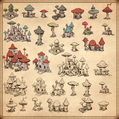 fantasy map symbols representing mushroom houses, mushroom towns, and fairy villages, fairy towns, cartography assets