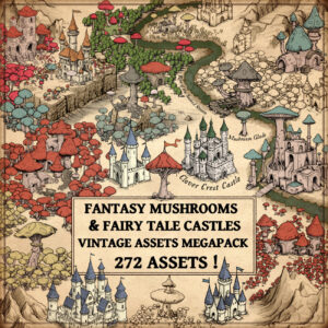 wonderdraft assets representing fantasy mushroom woods, mushrooms, fantasy fairy tale castles, fantasy map resources