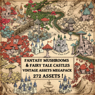 wonderdraft assets representing fantasy mushroom woods, mushrooms, fantasy fairy tale castles, fantasy map resources