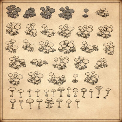 wonderdraft assets and wonderdraft symbols representing, mushroom trees, mushrooms, and mushroom clumps, cartography assets