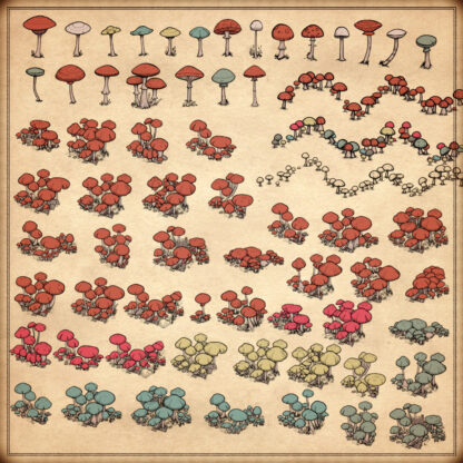fantasy map symbols representing mushrooms and mushroom trees, mushroom clumps, vintage cartography symbols