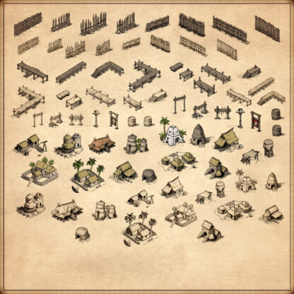 cartography assets, piers, palisades, tribal towns, wooden fortification, fantasy map symbols, wonderdraft assets