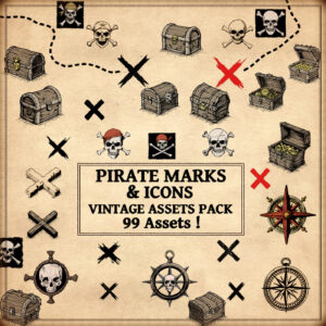pirate icons, pirate symbols, X marks and treasure chests, cartography symbols, compass roses, Jolly Roger