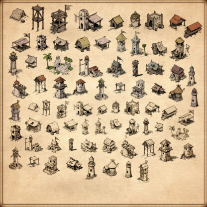 Wonderdraft assets, pirate settlements, pirate city, pirate lighthouses, watchtowers, cartography assets, fantasy map elements