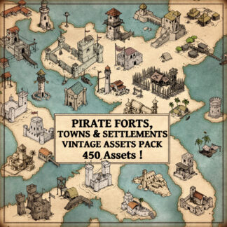 fantasy map symbols, pirate forts, pirate fortresses, carribean houses, pirate buildings, pirate towns and settlements