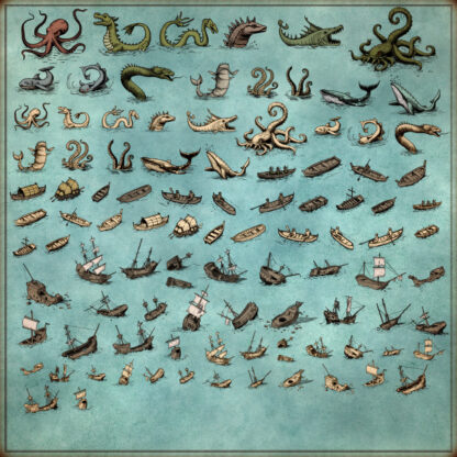 sea creatures, ships, fantasy map symbols, cartography assets, sea beasts, whales, sunken ships, shipwrecks, wonderdraft assets