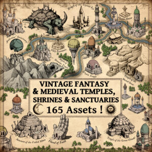 temples and shrines, vintage cartography assets, fantasy map resources, churches, chapels, fountains assets, fountain symbols