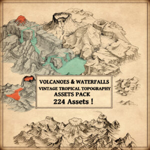 wonderdraft assets, fantasy cartography symbols and elements, volcanoes, plateaus, mountains, and waterfalls, fantasy map symbols