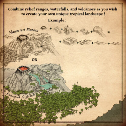 wonderdraft assets, fantasy map elements, volcanoes, plateaus, mountains, waterfalls, cartography assets
