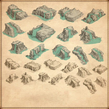 Fantasy map symbols, cartography assets, wonderdraft resources representing waterfalls, cascades and plateaus