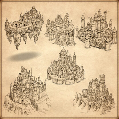 vintage fantasy map symbols, cities, towns, floating cities, floating towns, flying cities, flying towns