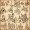 fantasy medieval wonders and fortified cities and fortified towns, vintage cartography assets, wonderdraft assets, gimp, photoshop