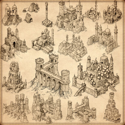 fantasy medieval wonders and fortified cities and fortified towns, vintage cartography assets, wonderdraft assets, gimp, photoshop