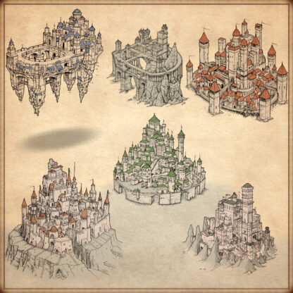 cities and towns, flying cities, cartography assets, vintage fantasy map symbols, wonderdraft landmarks