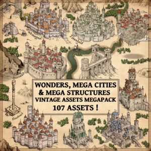 wonders, mega cities, and mega structures, vintage fantasy map assets, wonderdraft assets, wonderdraft symbols