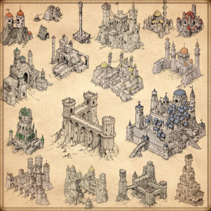 fantasy medieval wonders, towns, and cities, wonderdraft assets, and wonderdraft symbols, fantasy cartography landmarks