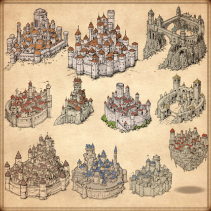 fantasy map assets, structures and cities, fortified towns, cartography assets, fantasy map symbols